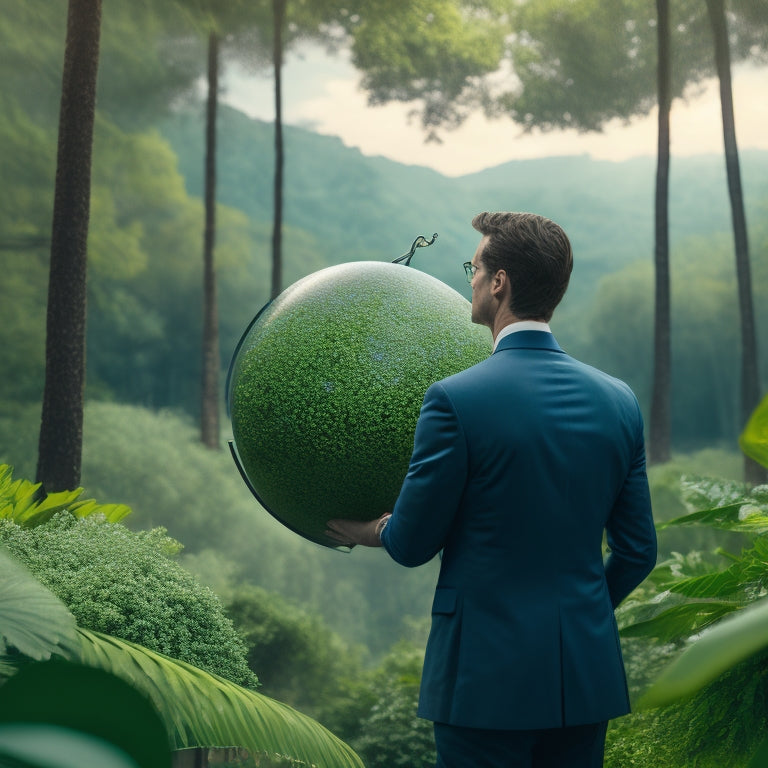 A serene background with a subtle globe pattern, a scales of justice in the center, surrounded by lush greenery and a faint image of a business professional in the background, looking upwards.