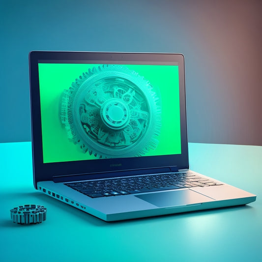 A futuristic, minimalist illustration depicting a laptop surrounded by interconnected gears, with a subtle gradient background transitioning from blue to green, symbolizing harmony and growth.