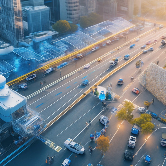 An abstract illustration featuring interconnected gears, cogs, and pulsing blue lines, blending into a cityscape with happy shoppers, drones, and self-driving delivery vehicles amidst a vibrant, futuristic atmosphere.