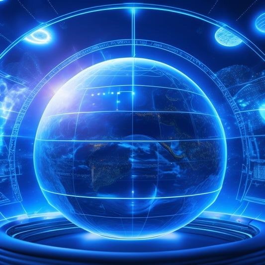 A futuristic dashboard with pulsing blue lines, interconnected nodes, and a glowing globe at the center, surrounded by orbiting icons representing various payment systems and financial institutions.