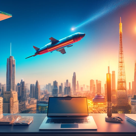 An illustration of a rocket ship blasting off from a laptop, surrounded by shopping bags and packages, with a cityscape in the background, symbolizing rapid ecommerce success.