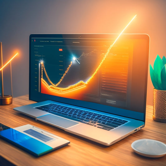 A stylized illustration of a laptop with an ecommerce website open, surrounded by ascending arrows and lightbulbs, with a subtle background of a graph trending upwards, conveying growth and innovation.