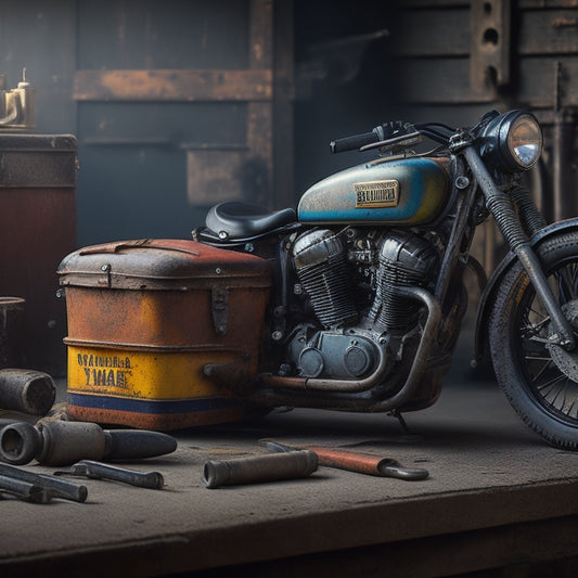 A worn, retro-style toolbox with a vintage Yamaha CS3 two-stroke motorcycle manual peeking out, surrounded by rusty bolts, old wrenches, and a faint background of a garage or workshop.