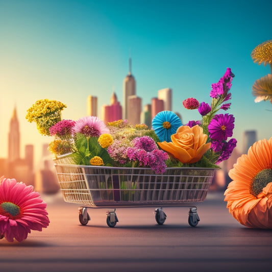 An illustration of a blooming flower with petals shaped like ecommerce icons (cart, bag, etc.) surrounded by gears, cogs, and small graphs, with a subtle cityscape in the background.