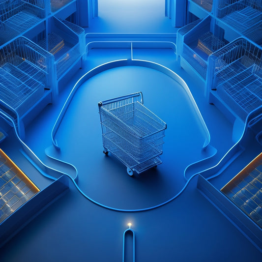 A futuristic, sleek, and minimalist illustration featuring a stylized blueprint roll unraveling into a maze of interconnected gears, with a subtle e-commerce shopping cart icon at the maze's center, surrounded by sparks and lightbulbs.