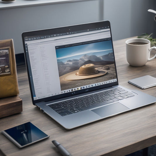 A bright, modern laptop on a minimalist desk, surrounded by scattered digital tablets and styluses, with a subtle e-commerce website open on the screen, showcasing various digital products and courses.