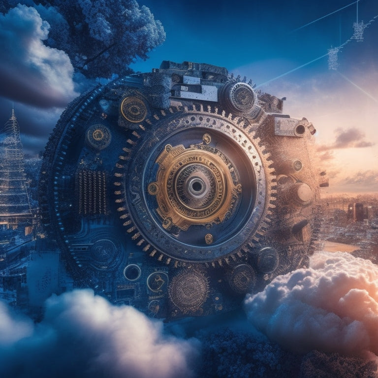 An abstract illustration featuring interconnected gears, clouds, and packages of varying sizes, surrounded by subtle circuit board patterns, blending industrial and digital elements in a vibrant, futuristic palette.