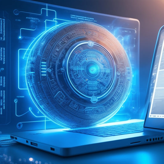 A futuristic, high-tech illustration depicting a shield protecting a laptop, with wires and coding symbols swirling around it, surrounded by a circle of interconnected locks and a subtle glow effect.