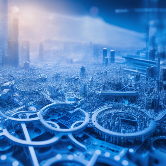 An intricate, interconnected network of gears, puzzle pieces, and flowcharts in a gradient of blues and whites, surrounded by subtle, abstract hints of cityscapes and global maps.