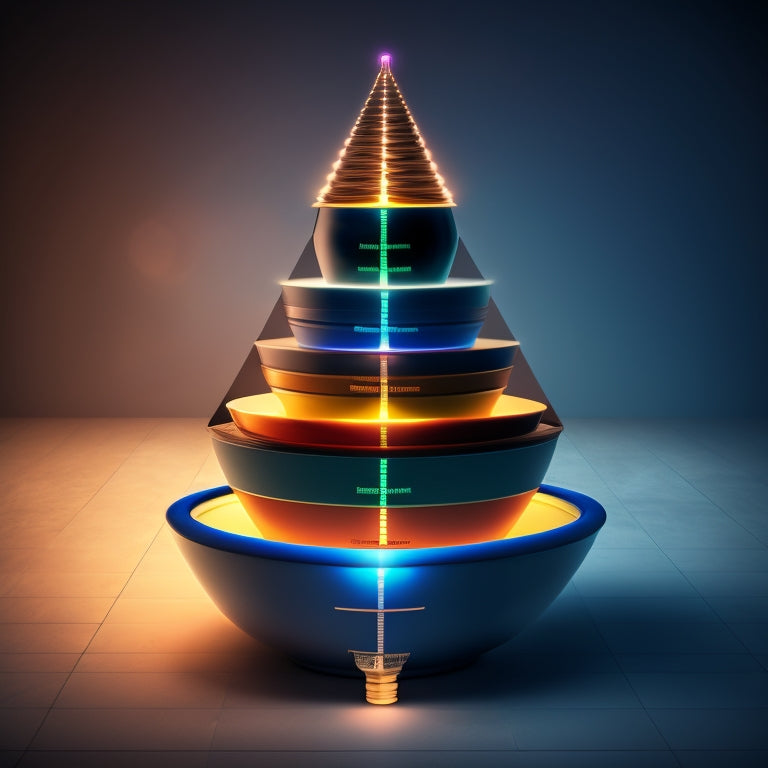 An illustration of a sales funnel with a narrow top and a wide bottom, filled with ascending arrows and glowing light bulbs, surrounded by a subtle background of charts and graphs.