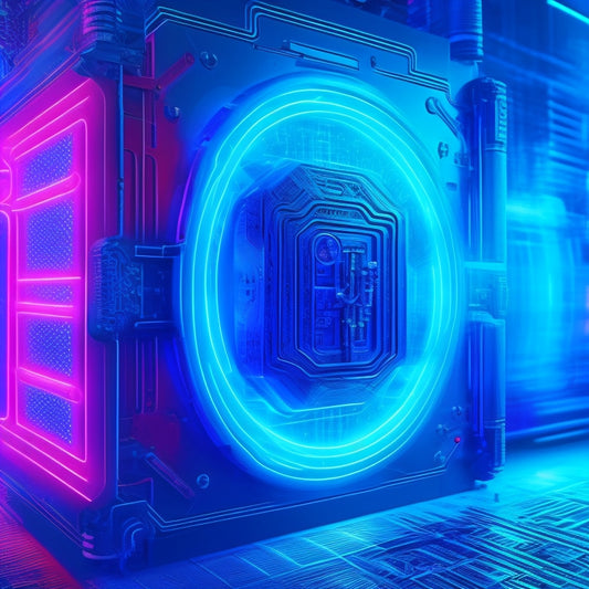 A futuristic, high-tech background with glowing blue circuits and neon lines, featuring a large, intricately designed lock with a glowing red "X" marked through it, surrounded by scattered puzzle pieces.