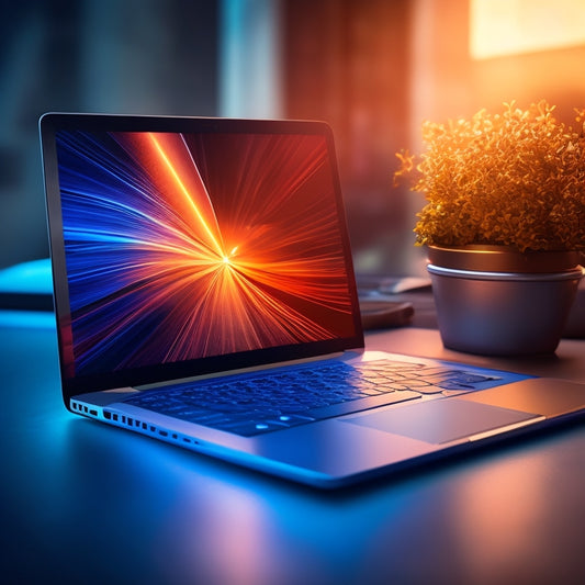 A stylized illustration of a laptop with a glowing download icon above the screen, surrounded by swift arrows and smooth, curved lines, conveying efficiency and speed.