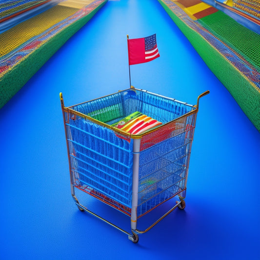 An intricate maze with a laptop and shopping cart at the center, surrounded by twisted threads of different colored tape, each labeled with a state or country flag, radiating outward in chaos.