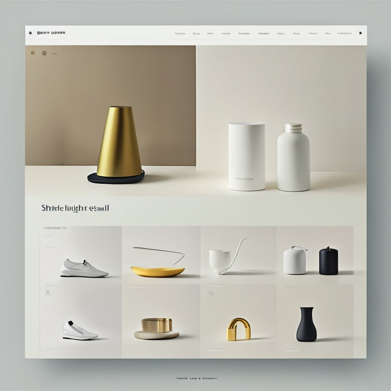 A minimalist, modern online shopping platform with a sleek template, featuring a clean white background, a curated product showcase, and a prominent search bar, surrounded by subtle shadows and gentle curves.