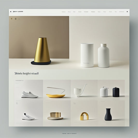 A minimalist, modern online shopping platform with a sleek template, featuring a clean white background, a curated product showcase, and a prominent search bar, surrounded by subtle shadows and gentle curves.