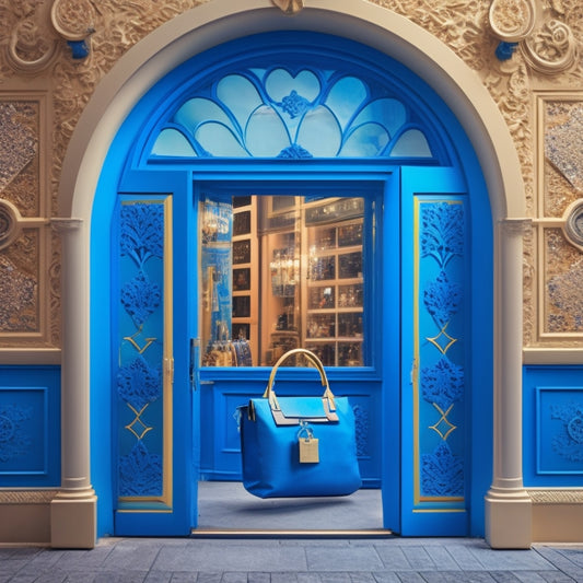 A stylized, modern illustration of a retail storefront with a large, ornate keyhole on the door, surrounded by scattered shopping bags and a subtle cityscape background, in a palette of blues and whites.
