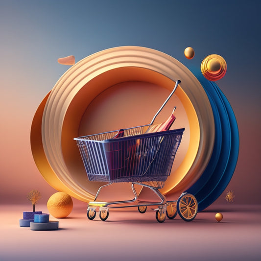 A futuristic, minimalist illustration of a sleek e-commerce platform, featuring a stylized shopping cart overflowing with diverse products, surrounded by swirling lines and shapes, conveying ease and limitless possibilities.