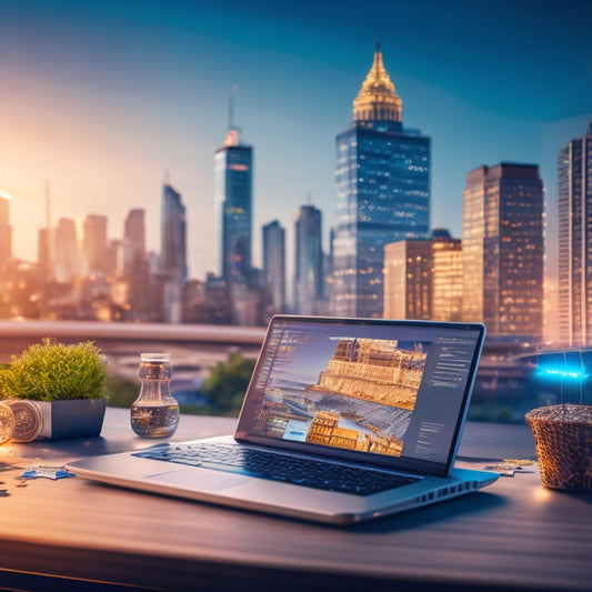 An illustration of a laptop screen displaying a rising sales graph, surrounded by scattered puzzle pieces, coins, and a miniature shopping cart, with a subtle cityscape background.
