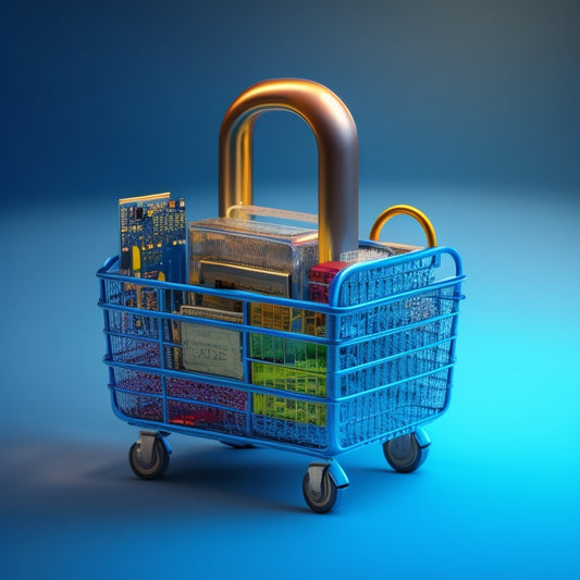 A shield with a shopping cart icon at its center, surrounded by tiny padlocks, with a subtle background of circuit boards and wires, conveying a sense of digital security and protection.