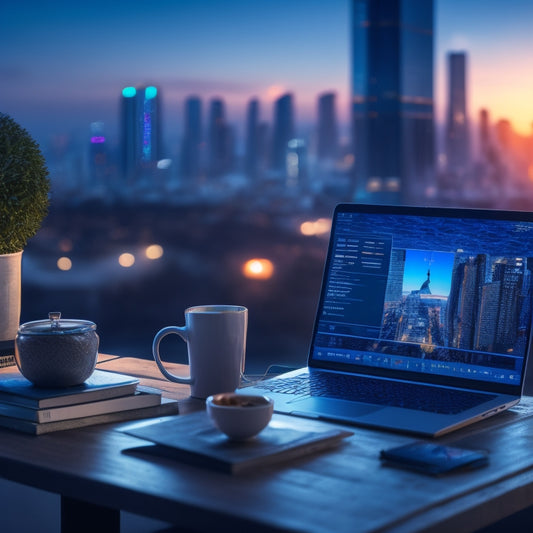 A futuristic, high-tech background with a prominent laptop displaying a coding interface, surrounded by scattered coding books, notes, and a few scattered coffee cups, with a subtle cityscape at dusk.
