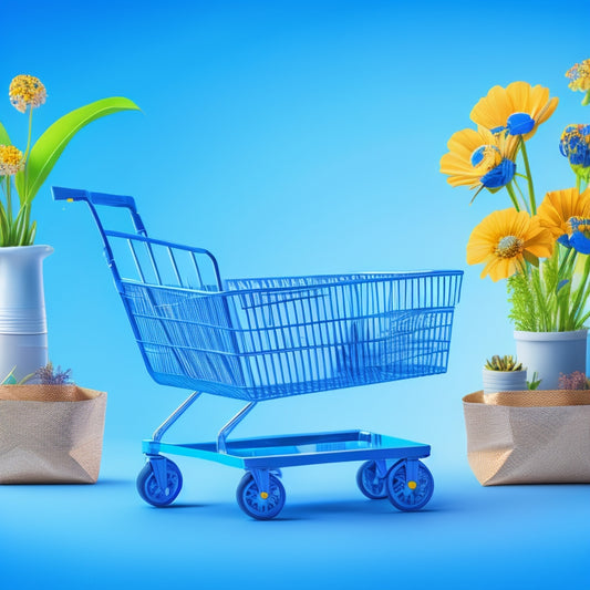 A stylized illustration of a blueprint with ecommerce elements, such as shopping carts, packages, and graphs, intertwined with growth symbols like arrows, flowers, and rising charts, set against a bright blue background.