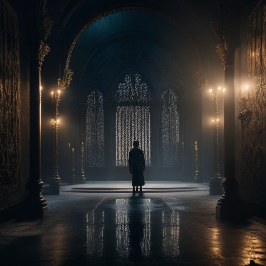A dimly lit, ornate maze with cracked mirrors and twisted metal gates, surrounded by whispering shadows, with a lone, silhouetted figure trapped at its center, gazing upward in despair.