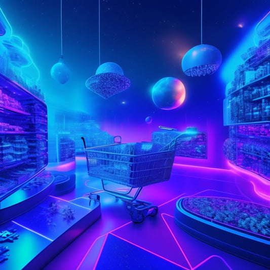 A stylized, futuristic ecommerce landscape with swirling blue and purple hues, featuring a central hub with glowing screens and orbiting shopping carts, surrounded by floating puzzle pieces and connecting nodes.