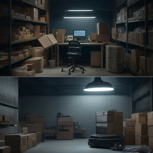 A split-screen image: a cluttered, dimly lit warehouse with boxes and shelves on the left, and a sleek, modern online learning platform with a laptop and headphones on the right.