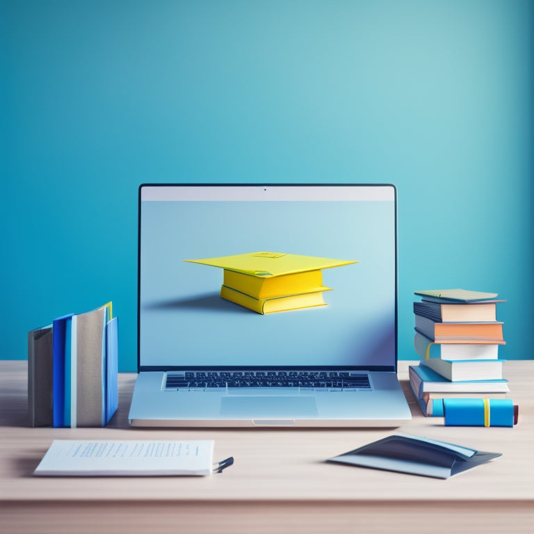 A minimalist illustration featuring a laptop with a growing ecommerce graph on the screen, surrounded by stacks of books and a certificate with a graduation cap, set against a bright and modern background.