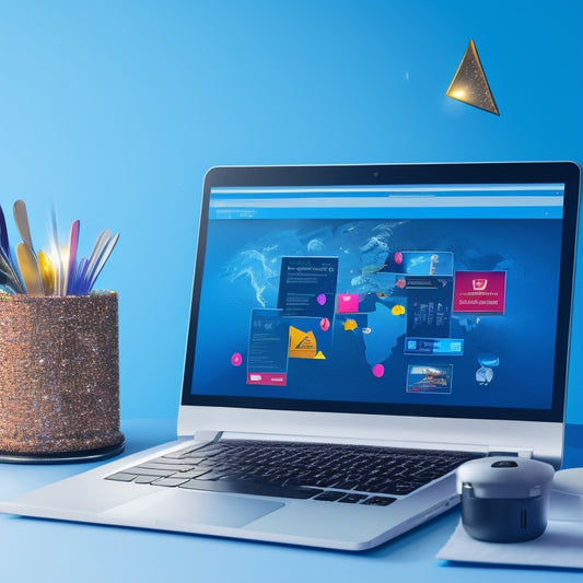 An illustration of a laptop with multiple screens displaying online course platforms, surrounded by icons of e-commerce tools, trophies, and confetti, set against a bright, gradient blue background.