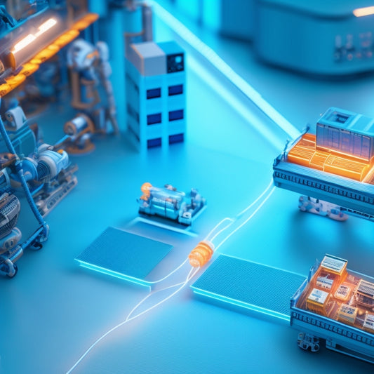 An illustration of a conveyor belt with various products, such as boxes and gadgets, moving smoothly through a futuristic factory, surrounded by robots, gears, and subtle glowing blue lines indicating automation.