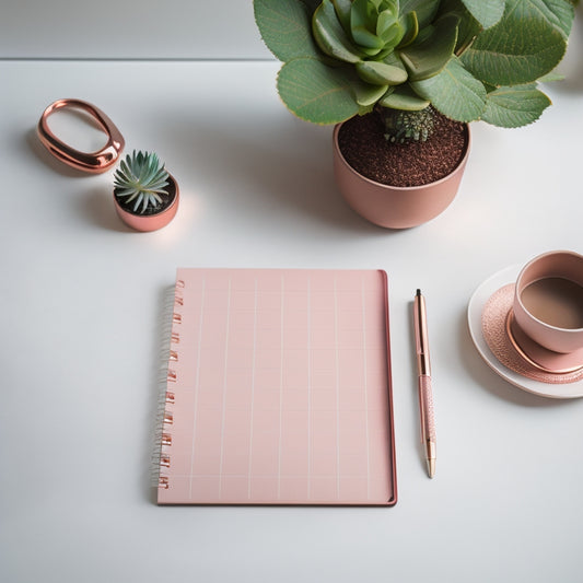 A minimalist desk setup featuring a sleek, rose-gold planner with a subtle marble cover, paired with a matching pen, a small potted succulent, and a few scattered, colorful sticky notes.