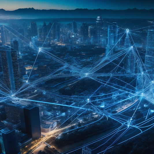 An intricate network of interconnected gears, wires, and circuits blending into a sleek, modern cityscape, with glowing blue lines and nodes symbolizing digital harmony.