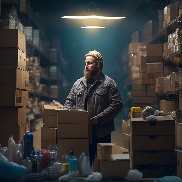 An illustration of a merchant standing in front of a messy, overflowing warehouse, surrounded by boxes and products, looking overwhelmed, with a subtle glow of a lightbulb above their head.