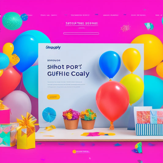 A colorful illustration of a Shopify store's product page, with multiple products bundled together, surrounded by confetti and balloons, and a subtle graph in the background showing an upward sales trend.