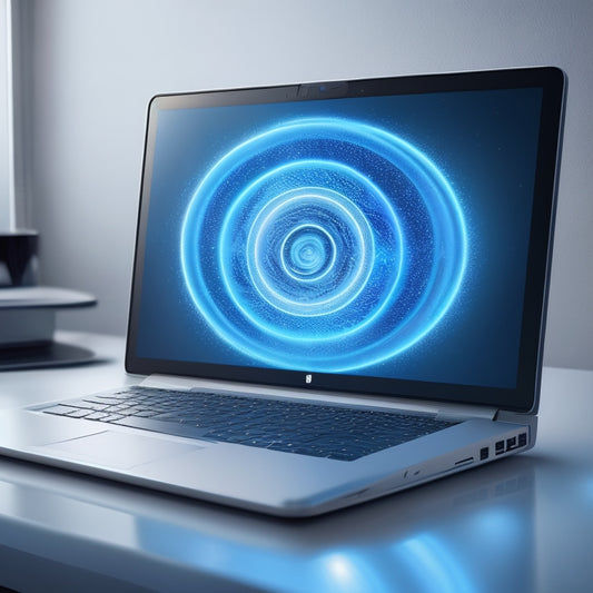 A futuristic, minimalist illustration of a sleek, silver laptop with a glowing screen displaying a stylized, swirling vortex of 1s and 0s, surrounded by orbiting e-commerce icons.