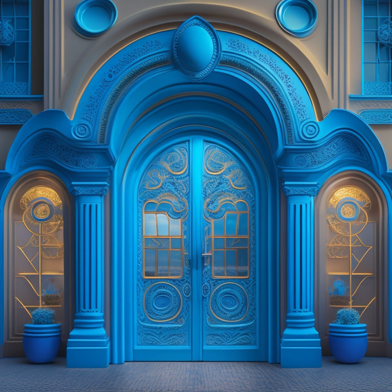 A stylized illustration of a merchant's store, with a large, glowing keyhole on the storefront, surrounded by swirling lines and shapes in shades of blue, symbolizing unlocking commerce potential.