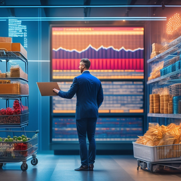 An illustration of a person standing in front of a large, glowing computer screen displaying a grid of rising charts and graphs, surrounded by scattered product boxes and a miniature shopping cart.