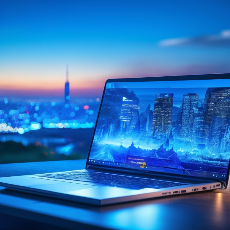 A sleek, modern laptop screen displaying a forum webpage with vibrant blue and white hues, surrounded by coding symbols and gears, with subtle lighting effects and a blurred cityscape in the background.