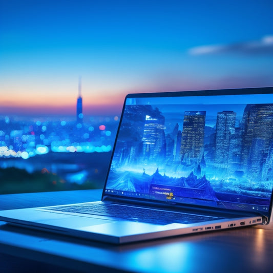 A sleek, modern laptop screen displaying a forum webpage with vibrant blue and white hues, surrounded by coding symbols and gears, with subtle lighting effects and a blurred cityscape in the background.