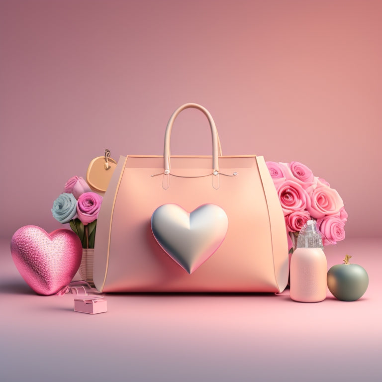 A stylized, modern illustration of a heart-shaped shopping bag overflowing with roses, surrounded by subtle ecommerce icons, such as tiny laptops and shopping carts, in a soft, pastel color palette.