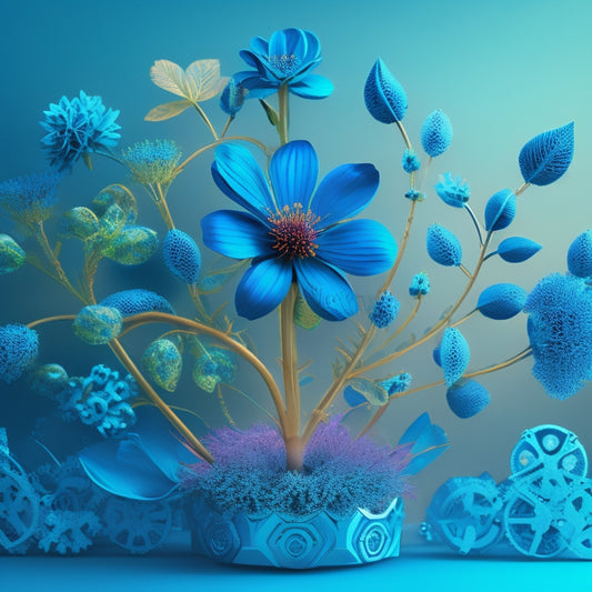A stylized, modern illustration of a small, budding plant growing into a blooming flower, surrounded by swirling patterns of circuits, gears, and rising graphs, set against a bright, gradient blue background.