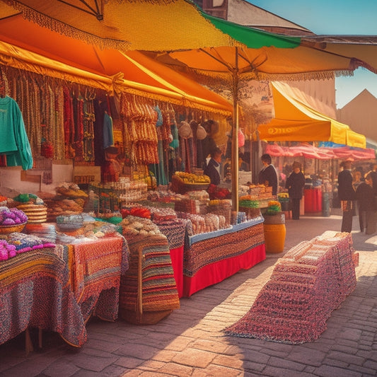 A vibrant, sprawling marketplace scene with diverse vendor stalls, colorful awnings, and eclectic product displays, set against a warm, sunny background with subtle gradient effects.