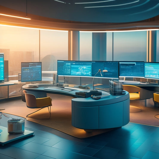 A futuristic workspace with a large, curved screen displaying a product roadmap, surrounded by scattered post-it notes, laptops, and coding books, illuminated by a warm, soft light.