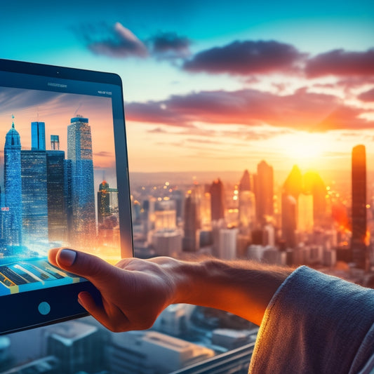 A stylized illustration of a customer holding a tablet, surrounded by swirling clouds of digital files and icons, with a subtle background of a cityscape at sunset, conveying convenience and accessibility.