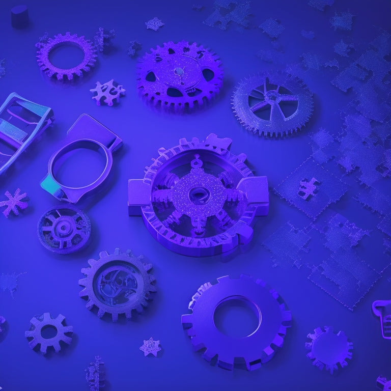 An illustration of a puzzle coming together, with gears, cogs, and digital commerce icons (shopping cart, payment symbols, etc.) seamlessly integrating, set against a dark blue or purple background with subtle grid patterns.