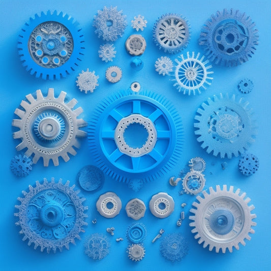 A stylized, abstract illustration featuring interconnected gears in shades of blue, with each gear uniquely patterned, forming a larger, cohesive whole, set against a clean, white background.