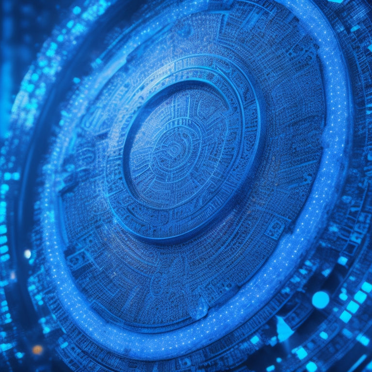 A shield with a lock at its center, surrounded by a circle of interconnected gears, on a background of circuit boards with glowing blue lines and subtle hints of binary code.