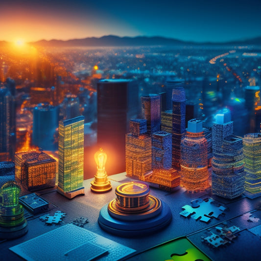An illustration of a puzzle coming together, with digital product management pieces fitting seamlessly, surrounded by glowing light bulbs, gears, and a subtle cityscape background, conveying innovation and success.