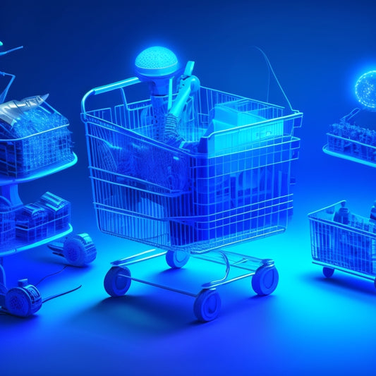 A futuristic, minimalist illustration featuring a stylized shopping cart with glowing blue circuits, surrounded by orbiting 3D models of products, robots, and augmented reality interfaces.